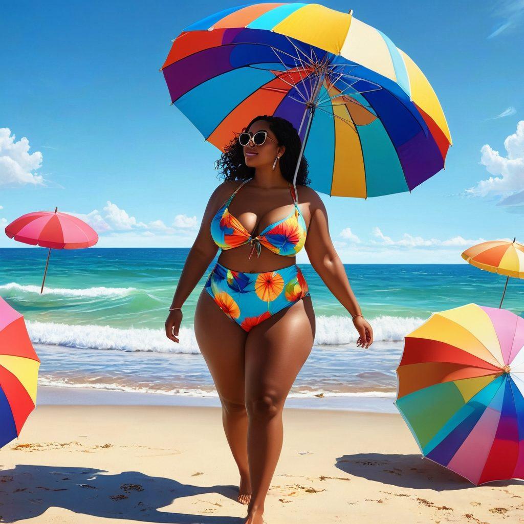 A confident curvy woman walking along a sunny beach, wearing a trendy and alluring swimsuit that highlights her figure. The background features vibrant beach umbrellas and waves gently crashing on the shore, symbolizing empowerment and freedom. Include a bright blue sky and a cheerful atmosphere to radiate positivity. super-realistic. vibrant colors. beach setting.