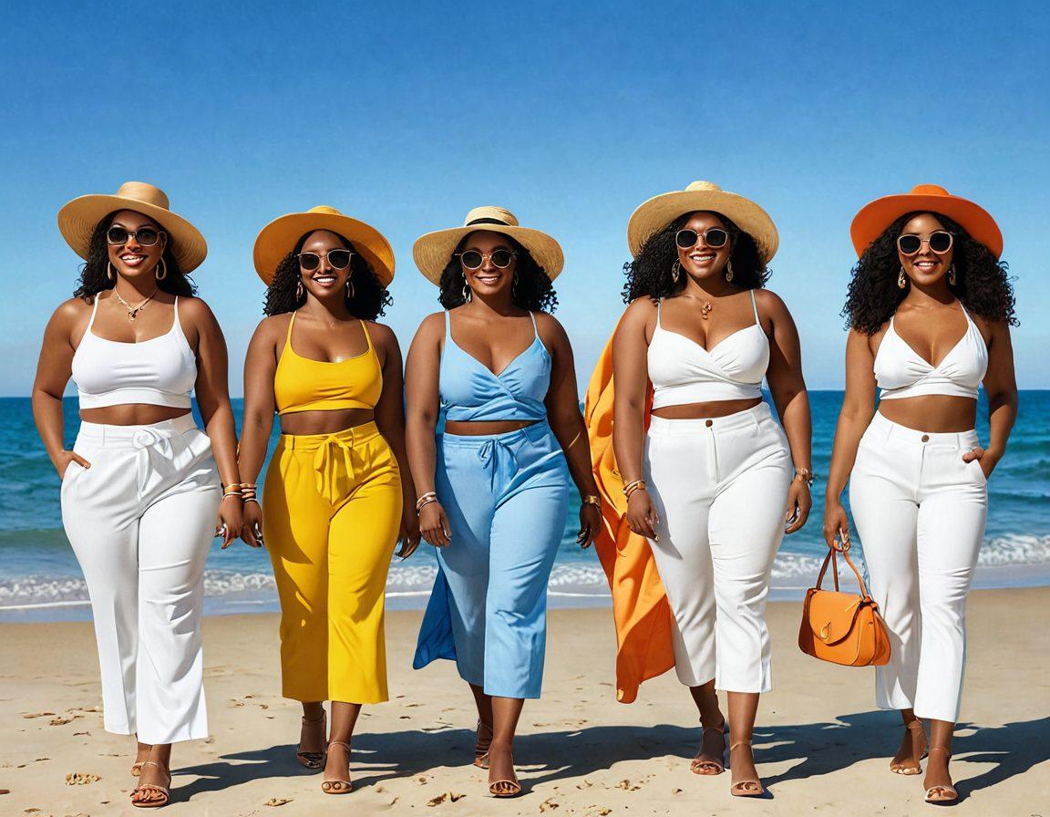 A diverse group of confident women of various body types and ethnicities, joyfully showcasing stylish and vibrant two-piece outfits against a sunlit beach backdrop. Each woman exudes empowerment and elegance, with playful accessories like oversized hats and sunglasses. The scene radiates warmth and positivity, emphasizing the beauty in body diversity. summer, fashion, celebration. super-realistic. vibrant colors.